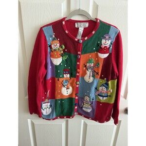 Vintage Tiara International Christmas Cardigan Skiing Snowman Holiday Sweater L